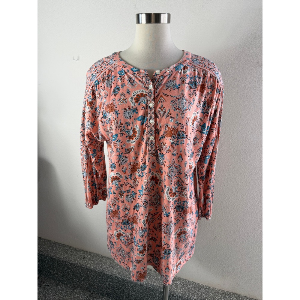 Pure J Jill Women Large Henley Tunic Top Floral Paisley Cotton Tencel 3/4 Sleeve
